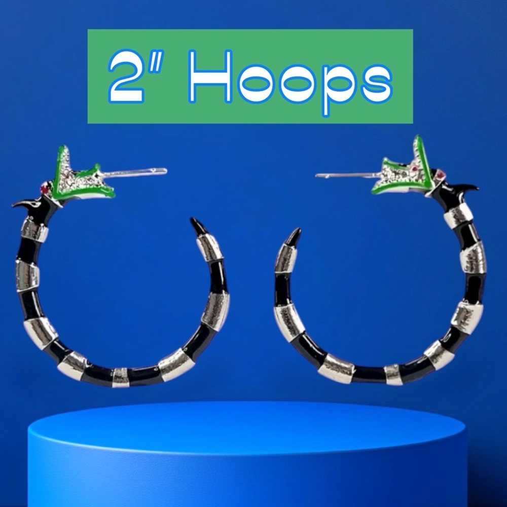 Green snake dragon head silver black striped hoop earrings Harry Potter gothic
